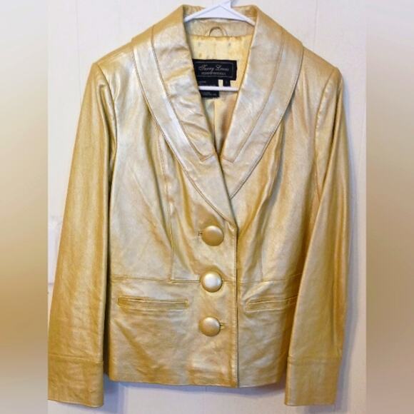 Terry Lewis Classic Luxuries yellow gold metallic leather blazer jacket. Size 8 - Picture 1 of 10